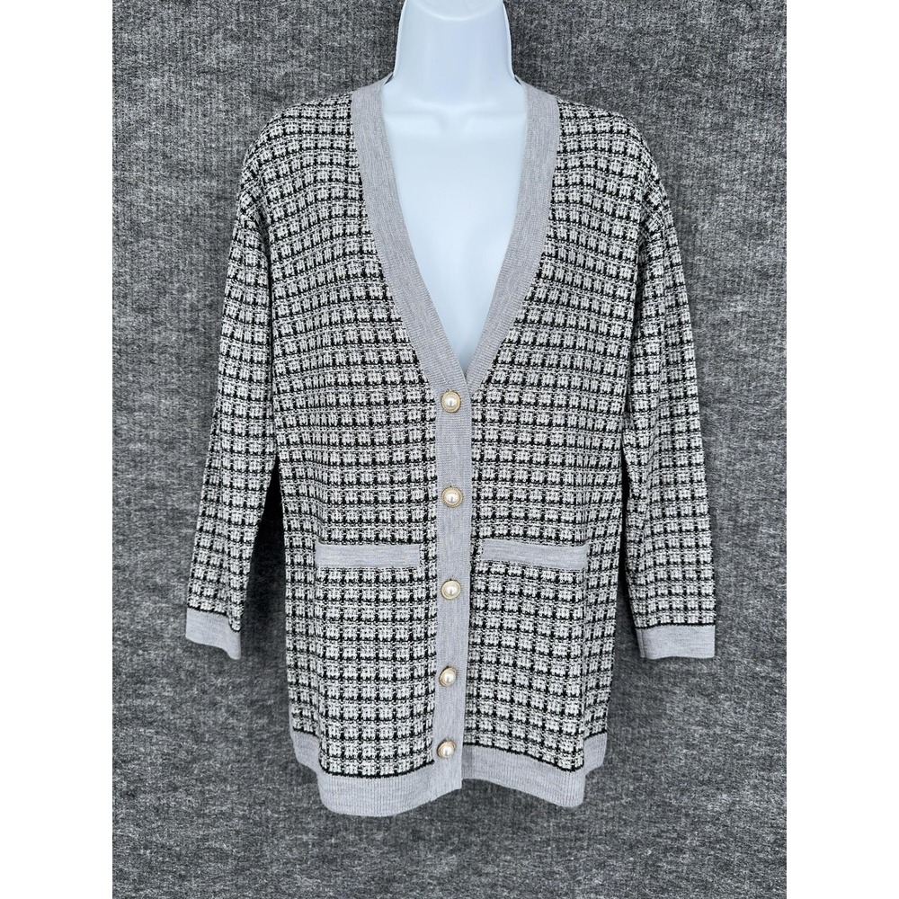 Talbots Cardigan Sweater Petite P Gray Check V Neck Merino Wool Button Knit